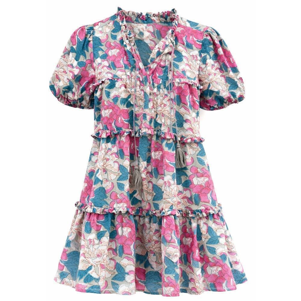 Allison New York Floral Tiered Mini Dress Size Small Puff Sleeves Cotton
